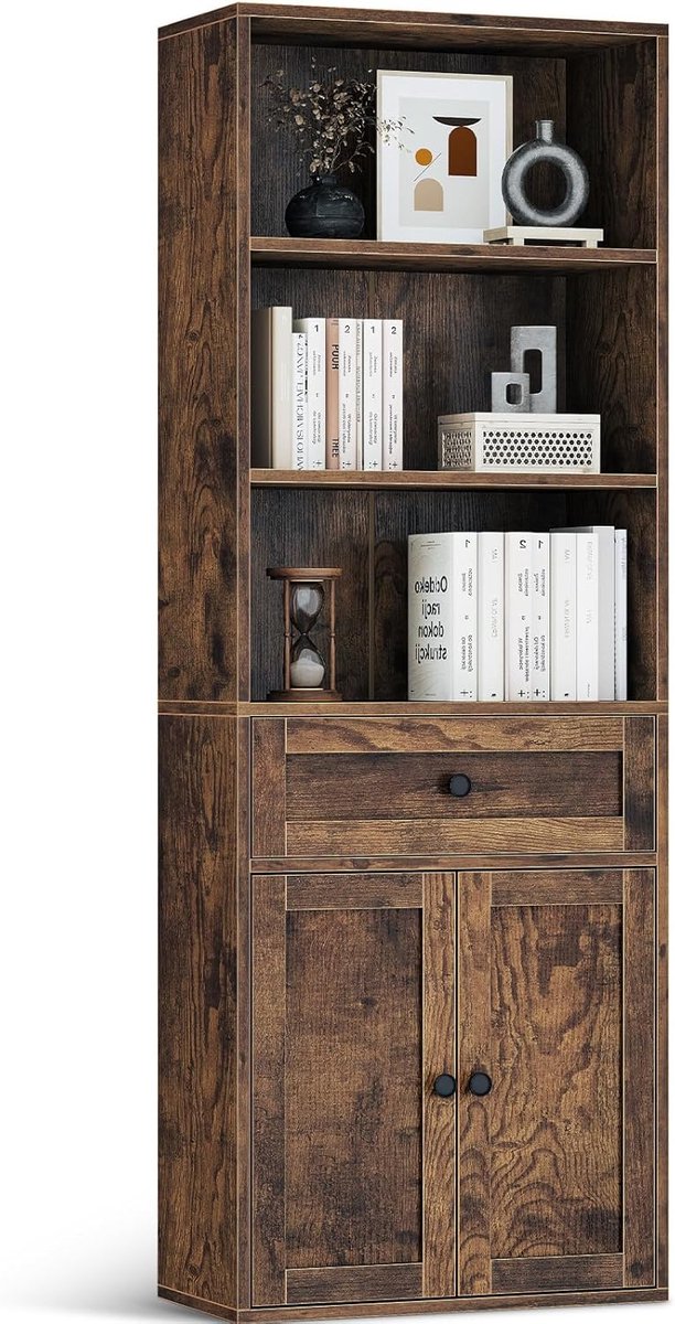 HOMESY 5-laags boekenkast met deuren en kast, Vloerstaande display-opbergplank, Hoge boekenkast met lades voor Huis, Kantoor, Woonkamer, Slaapkamer, Bruin, 48 x 24 x 164