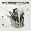 Mintgroene rugzak met open vakken: hoofdvak met riemen, laptop- en tabletvak, extra opbergvakken.