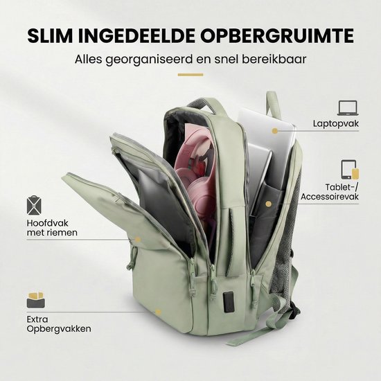 Mintgroene rugzak met open vakken: hoofdvak met riemen, laptop- en tabletvak, extra opbergvakken.