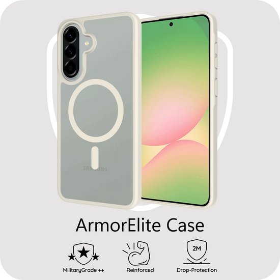 ArmorElite hoesje: Militaire graad, versterkt, 2 meter valbescherming. Doorzichtige achterkant met MagSafe-ring.