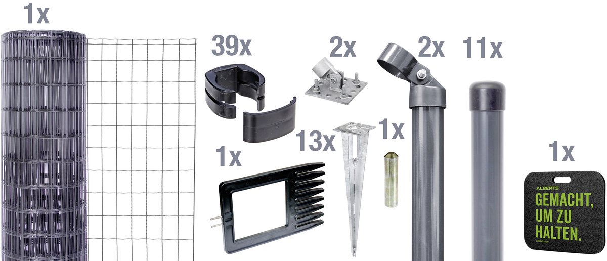 Alberts Fix-Clip pro als complete set, draadafscheidingskniestuk en slaggrondcontactdoos, antraciet of groen, hoogte 81-153 cm, lengte 10 m