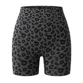 Hoge taille dames fietsbroek met luipaardprint in grijs en zwart, voor yoga en fitness.