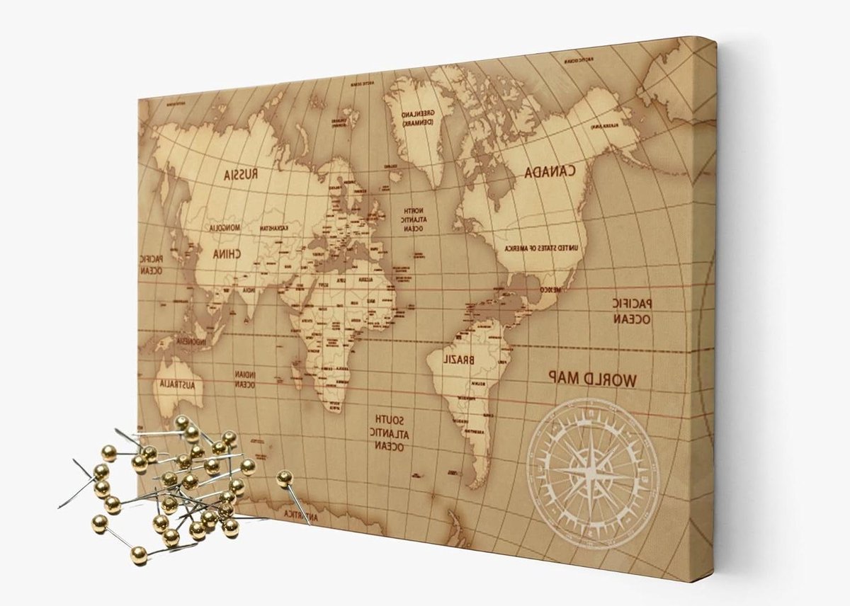 Canvas Wereldkaart - Prikbord Kaart - Reizen Markeren - Inclusief Gouden Pins - 60x40 cm - Vintage