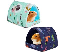 Cavia-bed 2-delige set – Knus bed in grotstijl voor hamsters & kleine dieren – Cavia-huisje – Warm & wasbaar accessoire voor kleine dierenkooien – Geschikt voor cavia's, chinchilla's, hamsters & dwergkonijnen(Dierenpatroon varieert) – 19 x 19 x 16 cm