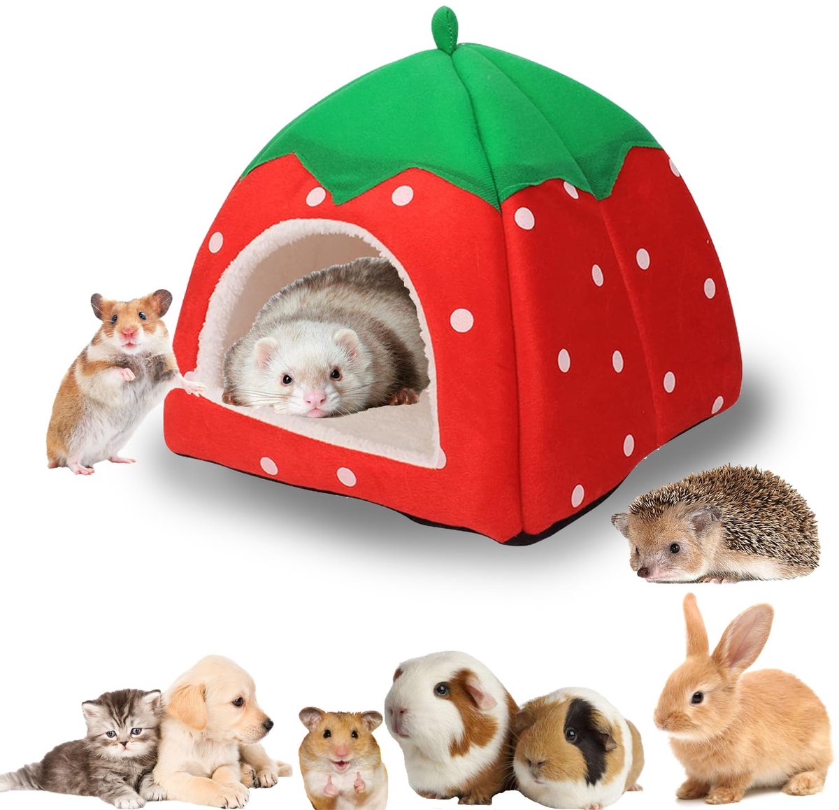 carmdering - Katoennest - Knaagdierenhuisje - Cavia kooi - Hamster bedhuis - Aardbeienvorm, zacht pluche - Vouwbaar en draagbaar - Antislip bodem, uitneembare mat - Geschikt voor hamster, cavia, konijn, chinchilla en egel