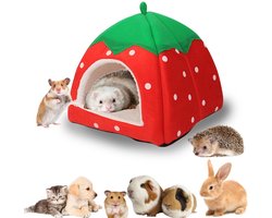 carmdering - Katoennest - Knaagdierenhuisje - Cavia kooi - Hamster bedhuis - Aardbeienvorm, zacht pluche - Vouwbaar en draagbaar - Antislip bodem, uitneembare mat - Geschikt voor hamster, cavia, konijn, chinchilla en egel
