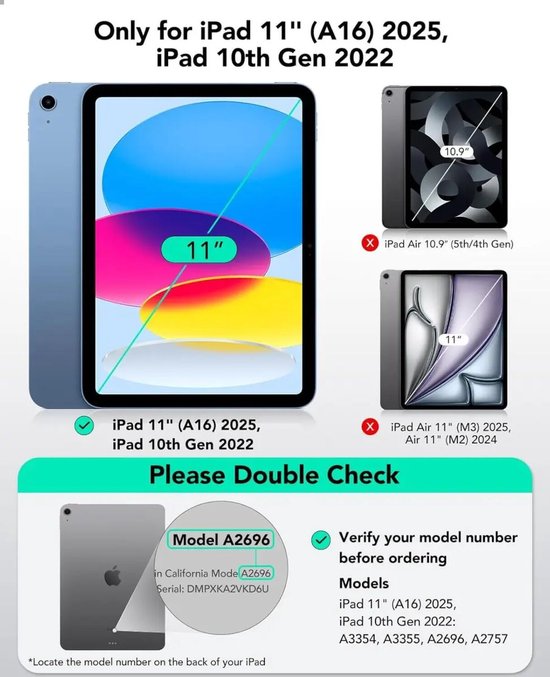 Vergelijking van iPad modellen. Geschikt voor iPad 11" (A16) 2025 en iPad 10th Gen 2022.