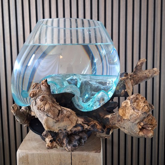 Viskom handgeblazen glas op hout | glas op stronk | Uniek product |Vaas op hout