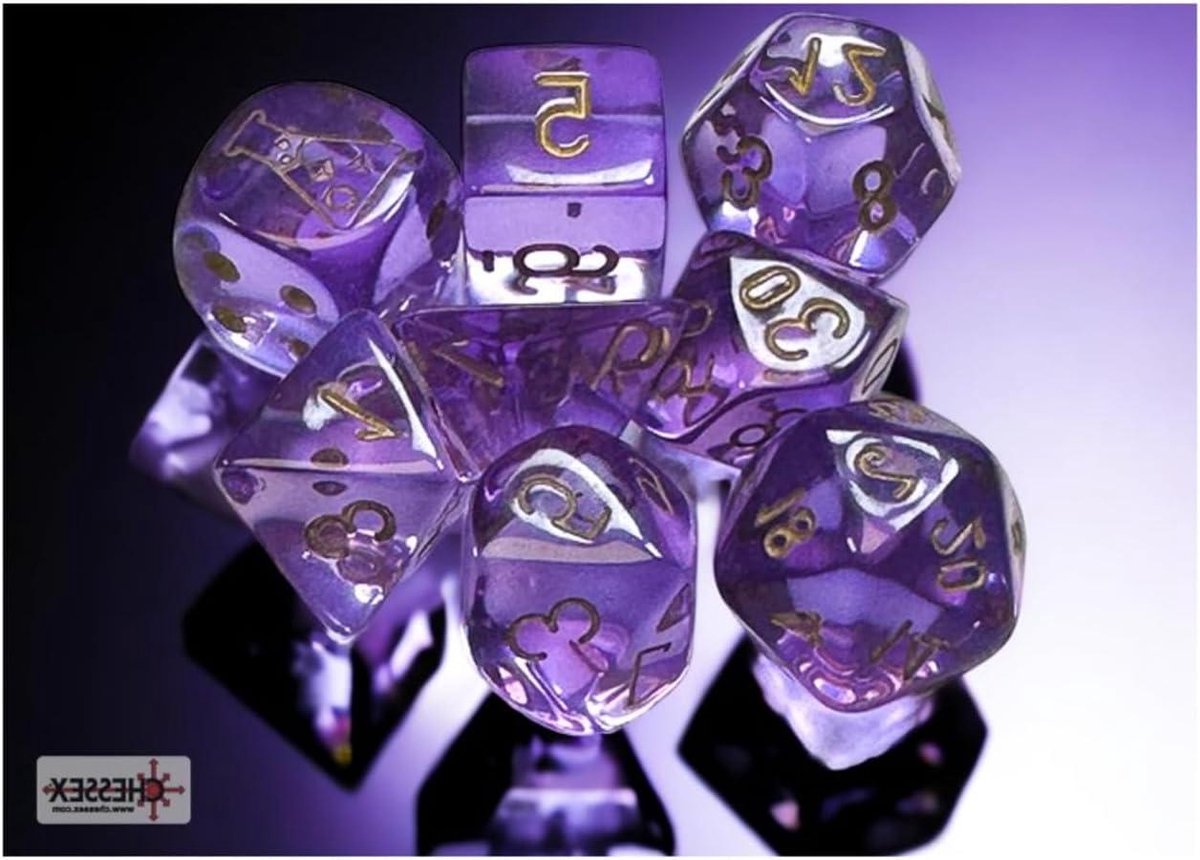 Dobbelstenen Set - RPG Dobbelstenen - Tafelspel Avonturen - Lavendel Translucent - 16mm 7 Stuks - Gouden Nummers