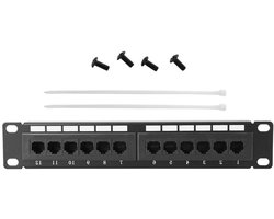 Netwerkpatchpaneel - RJ45 paneel - Netwerkbekabeling organiseren - 12 poorten CAT6A - 12 poorten - Zwart