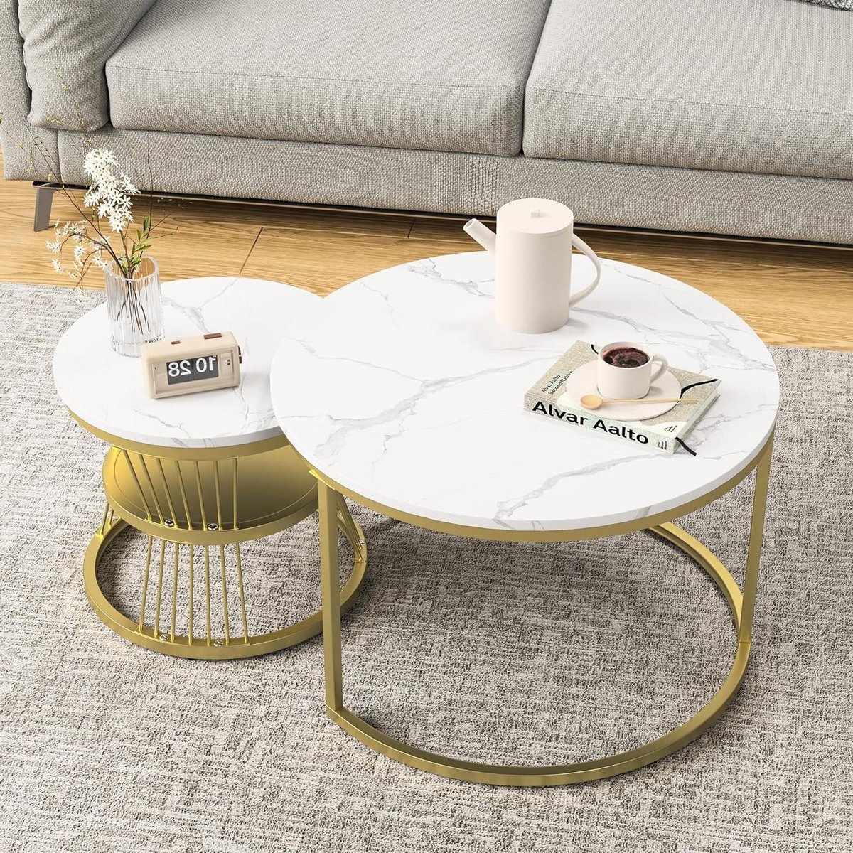 Salontafel Set - Banktafel Bijzettafel - Woonkamer Decoratie - Stapelbaar Ontwerp - Set van 2 - Gemarmerd Wit