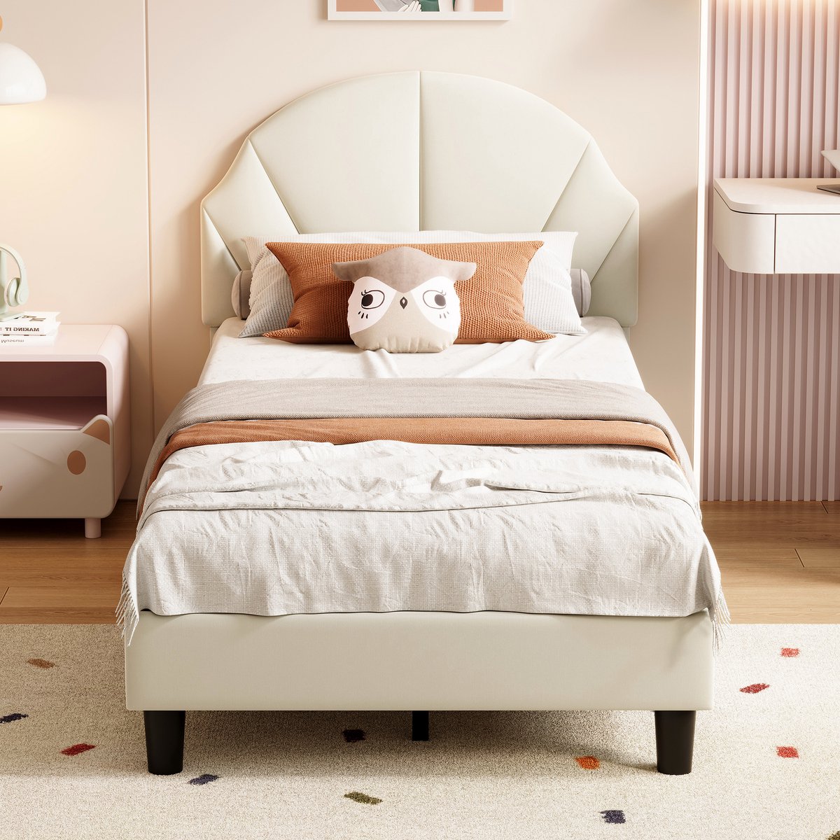 ROSAHQNDA Kinderbed 90x200cm - verstelbaar hoofdeinde, modern en stijlvol, eenvoudig te monteren, voor jongens en meisjes, fluweel, beige
