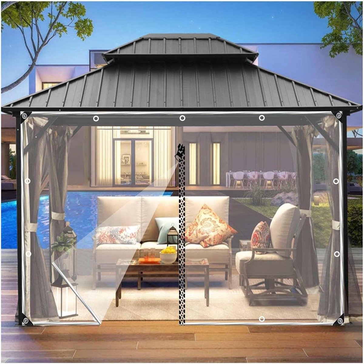 Zeildoek Gordijnen - Transparant PVC Paneel - Buitenruimte Beschermen - Met Ritssluiting - 3.3x3.3m - Transparant