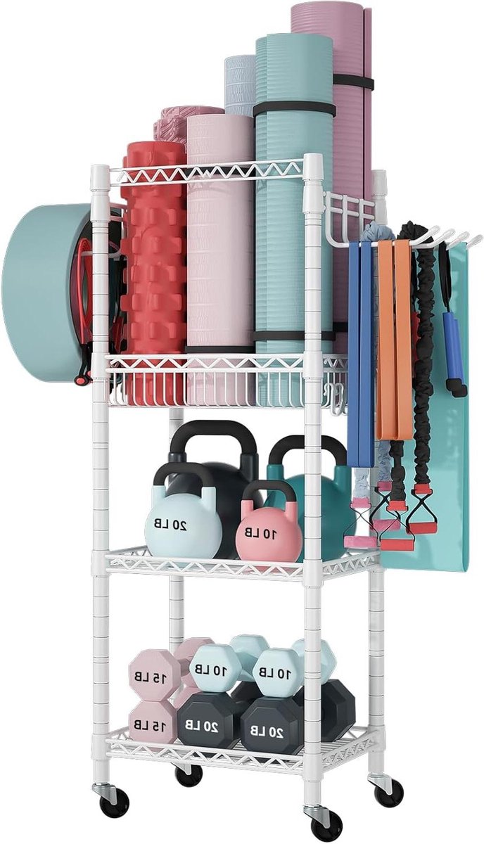 Opbergrek Trainingsapparatuur - Fitness Organizer - Sportspullen Opbergen - Verstelbare Planken - 120 cm Hoog - Zwart