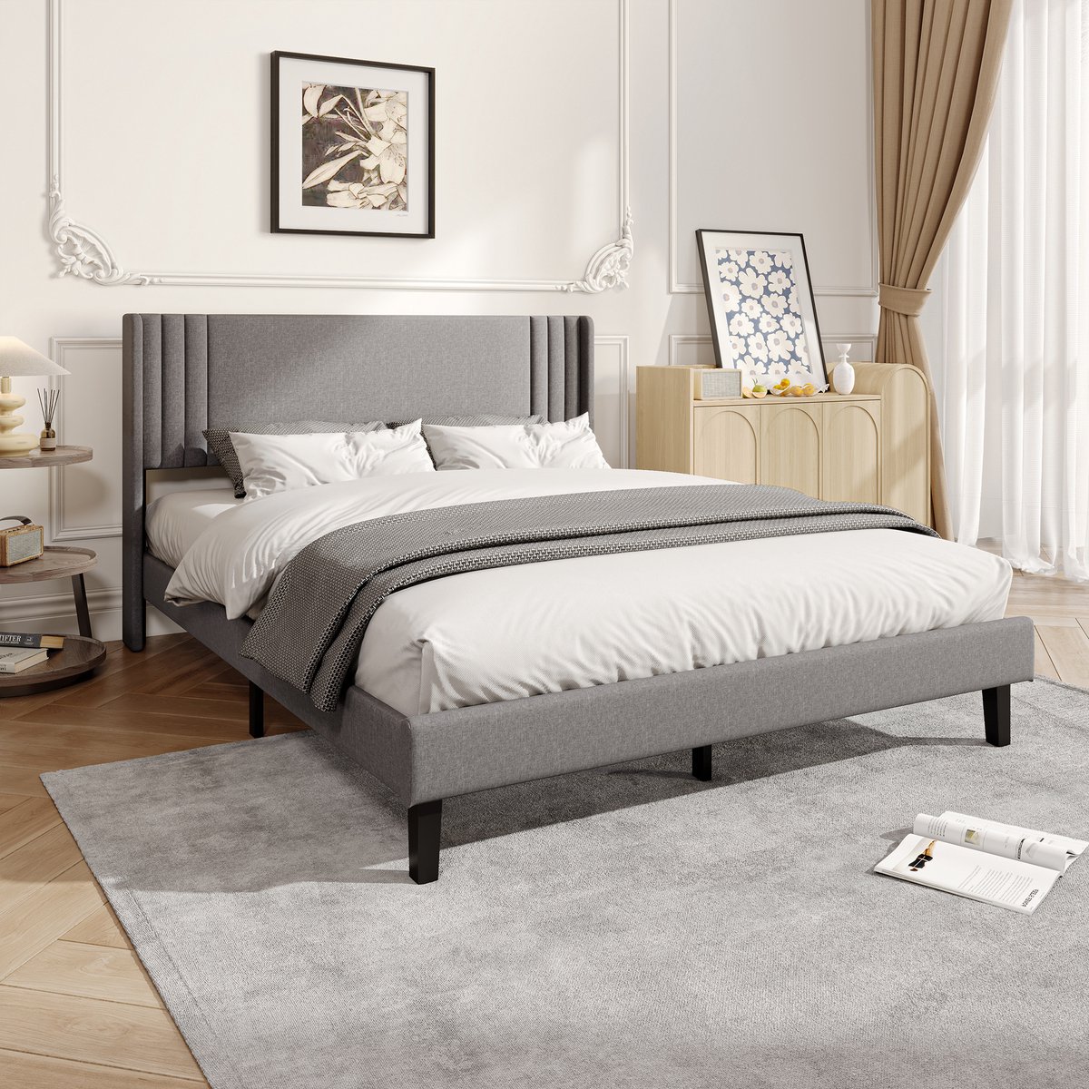 ROSAHQNDA Gestoffeerd bed met hoofdbord en lattenbodem, 140 x 200 cm, moderne stijl, eenvoudig en comfortabel, gemakkelijk te monteren, grijze linnen stof, exclusief matras Grijs