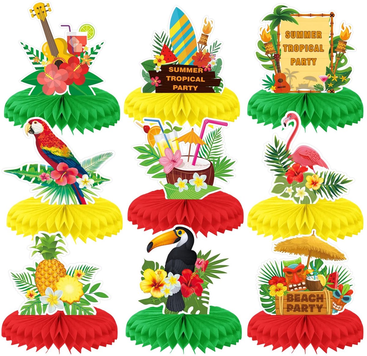 Store_9 - Hawaii Luau Honeycomb Centerpieces - Tafelopzetstukken - Eenvoudige montage - Tropisch ontwerp - Flamingo en ananas - Feestdecoratie voor...