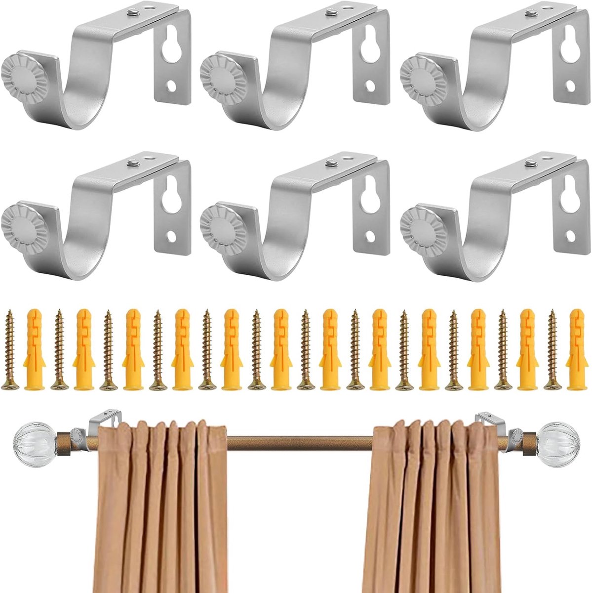 Pack of 6 Heavy Duty Curtain Rod Brackets - Adjustable Curtain Bars Rod Holder with Screws - Rust Resistant Wall Rod for Bedroom, Office, Bathroom, Silver