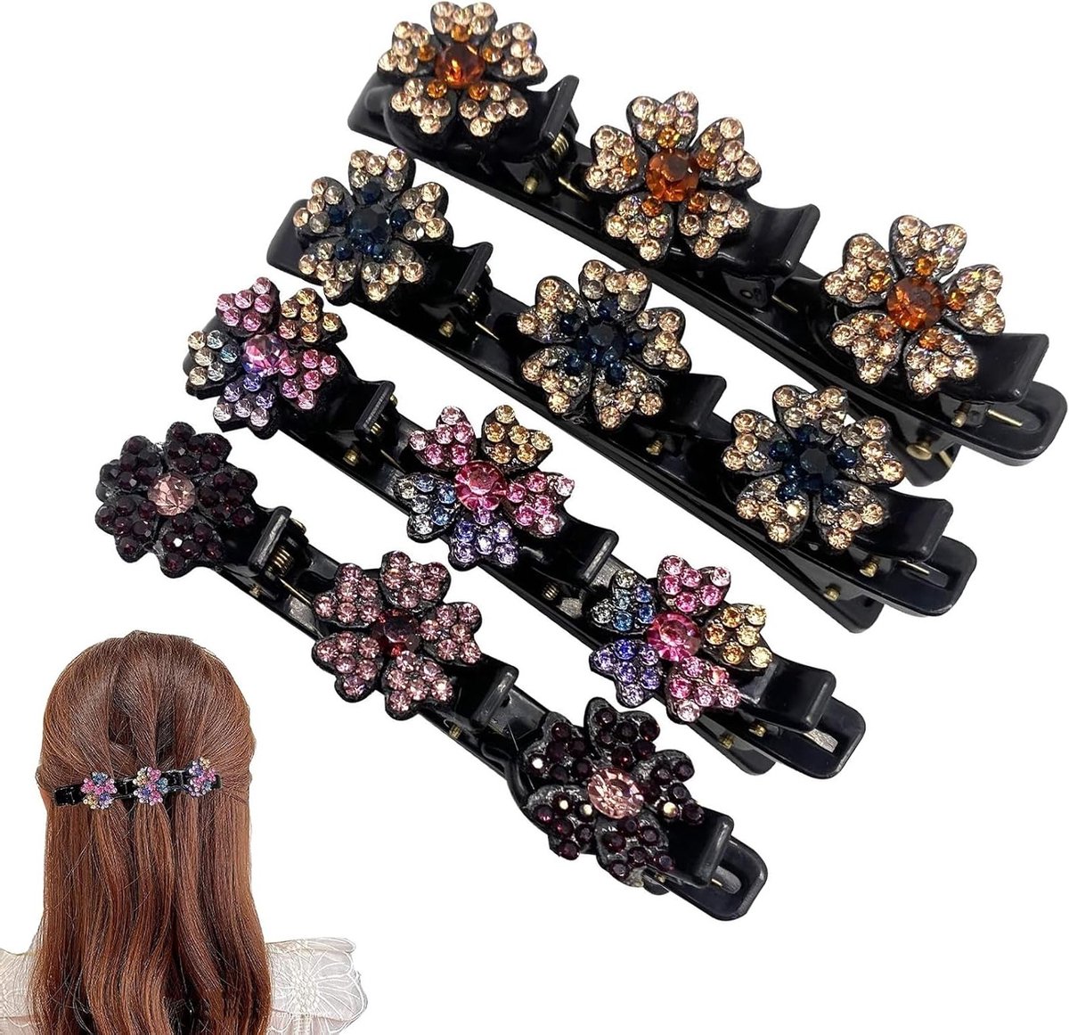 Set van 4 Vlecht Haarspelden met Glanzende Kristallen - Duck Bill Haaraccessoires voor Vrouwen in 4 Kleuren, Perfect voor Feestjes en Dagelijks Gebruik