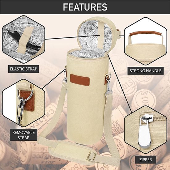 Wijntas voor 1 fles - geïsoleerde wijnkoeltas met handvat, herbruikbare draagtas voor picknick, strand, diner en onderweg - beige — afbeelding 5