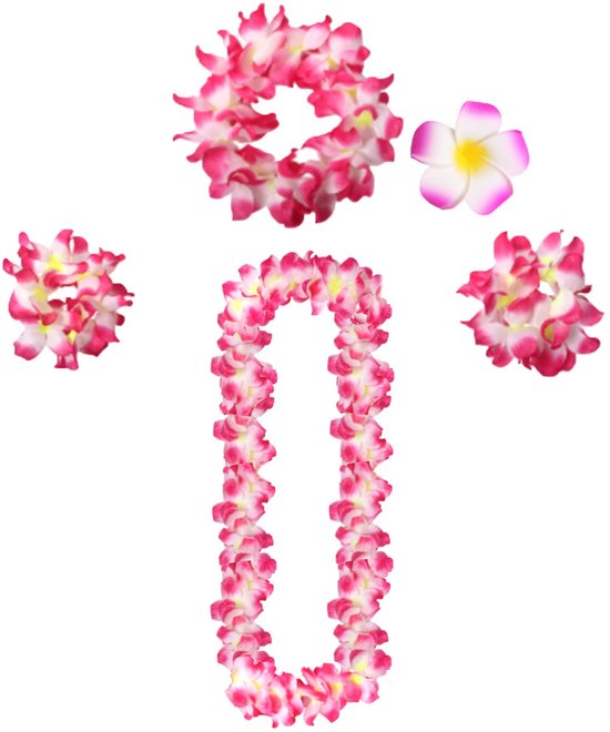 Hawaiiaanse Bloemenketting Set – 5 Stuks Met Ketting, Hoofdband, Armbanden En Haarclip Voor Feesten