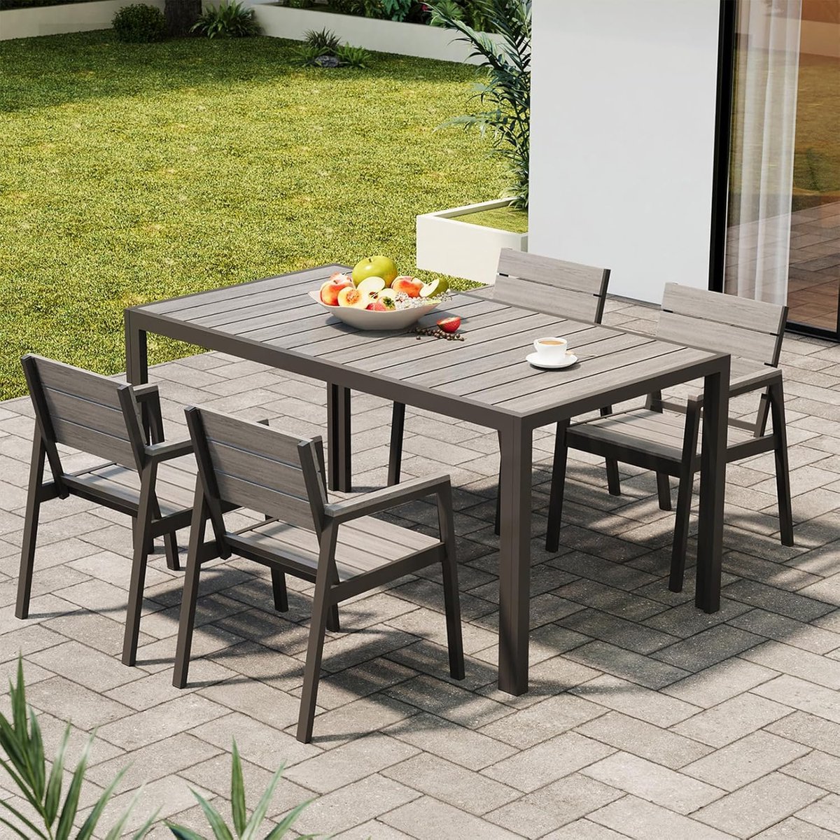 Tuinmeubelset 4 Personen 150x80x74 cm Aluminium Tuintafel met 4 Stoelen Houtlook – Weerbestendig, Lichtgewicht, Roestvrij, Modern Balkon & Terras Set Donkergrijs – Nicolehome