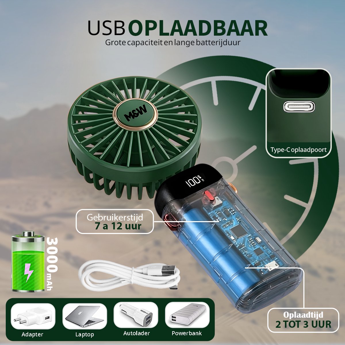 M&W Draagbare Hand Ventilator Hand Fan - Airco Verkoeling USB Ventilatoren - Handventilator Groen — afbeelding 9