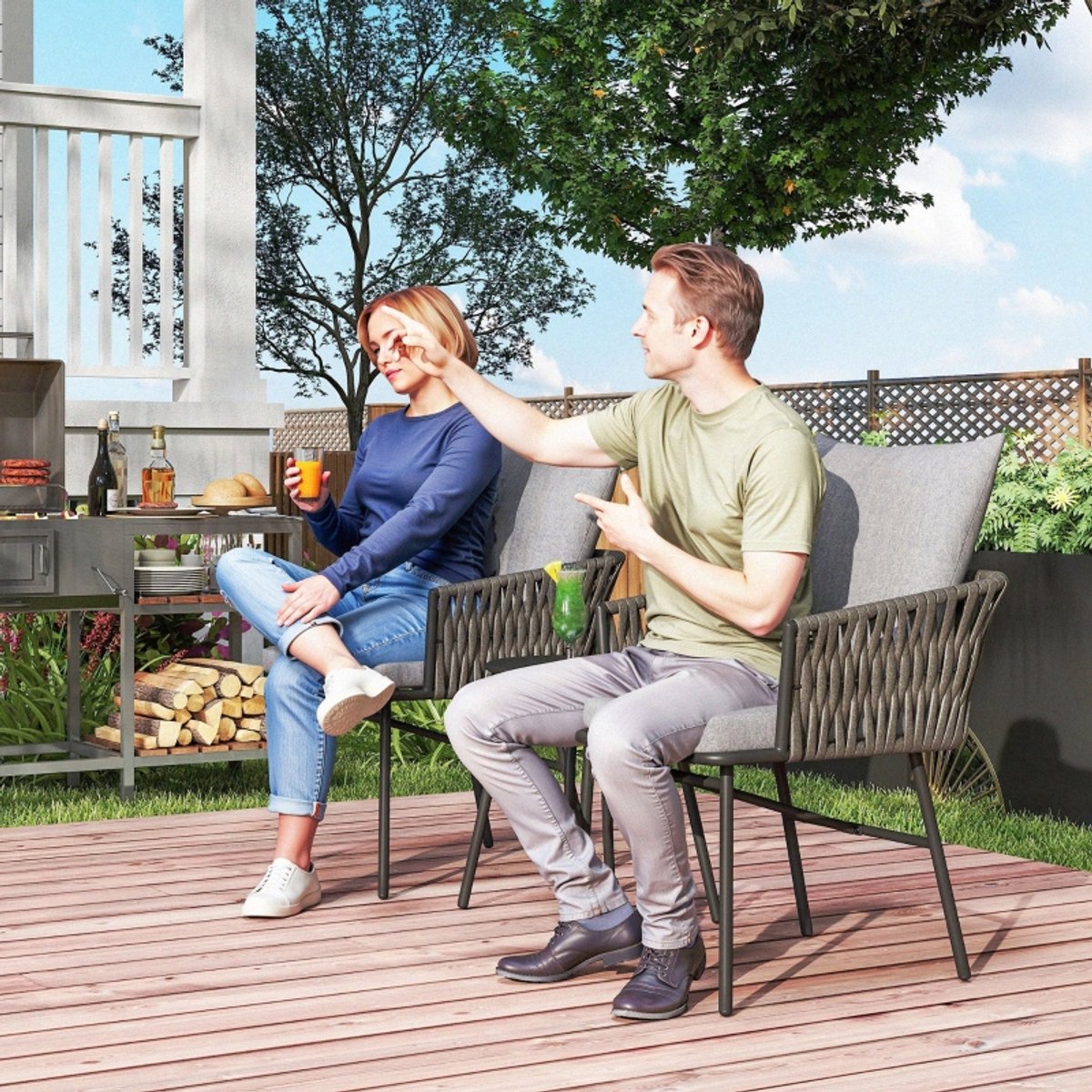 MODENUIT Bistroset 3-Delig 58 x 63 x 69 cm - Met 2 Stoelen en Tafel - Voor Balkon en Terras - Staal Rotanlook Grijs