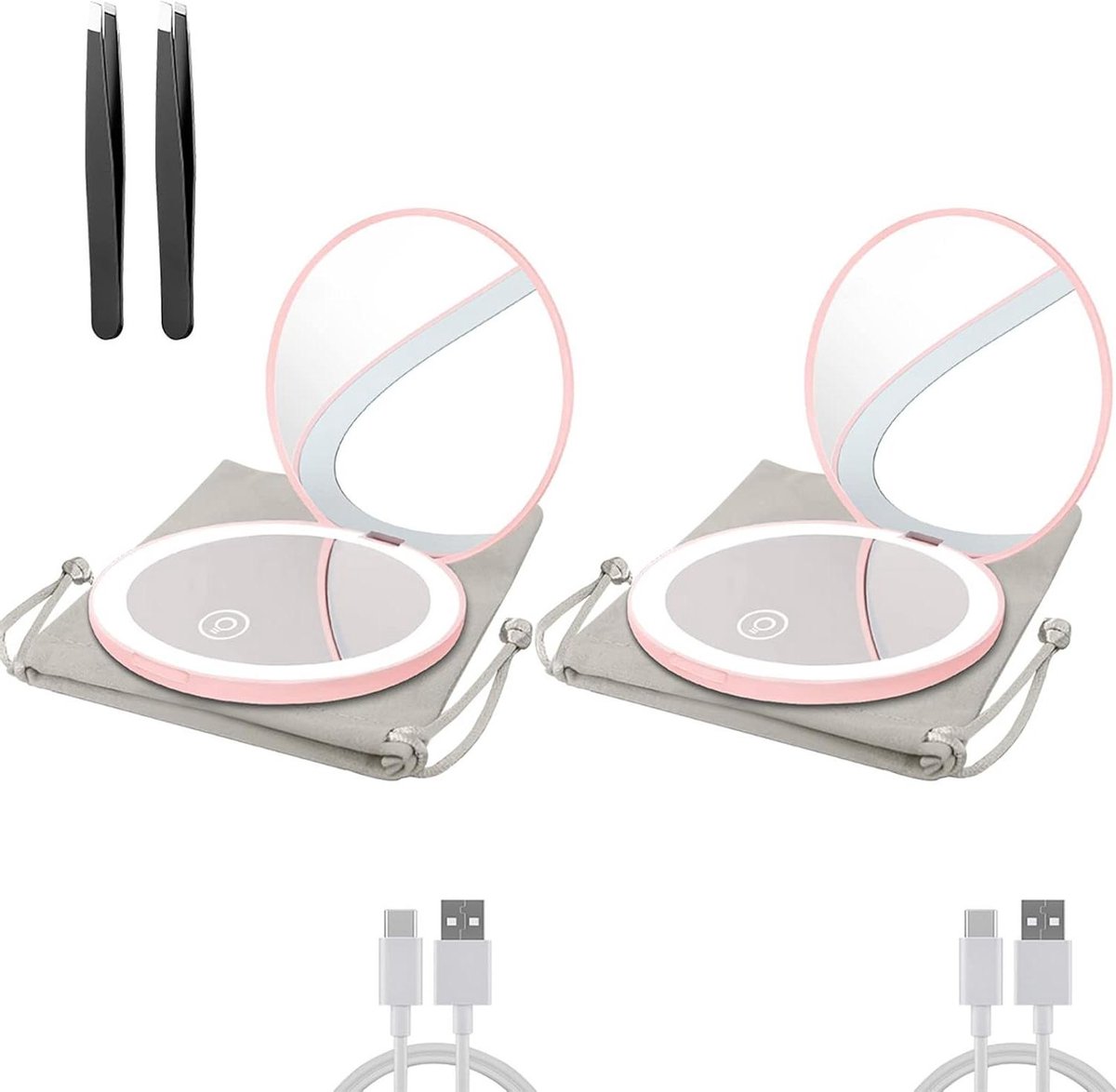 Compacte spiegel - Zakspiegel LED - Make-up aanbrengen - Oplaadbaar dimbaar licht - 2 stuks 3.5 inch - Roze