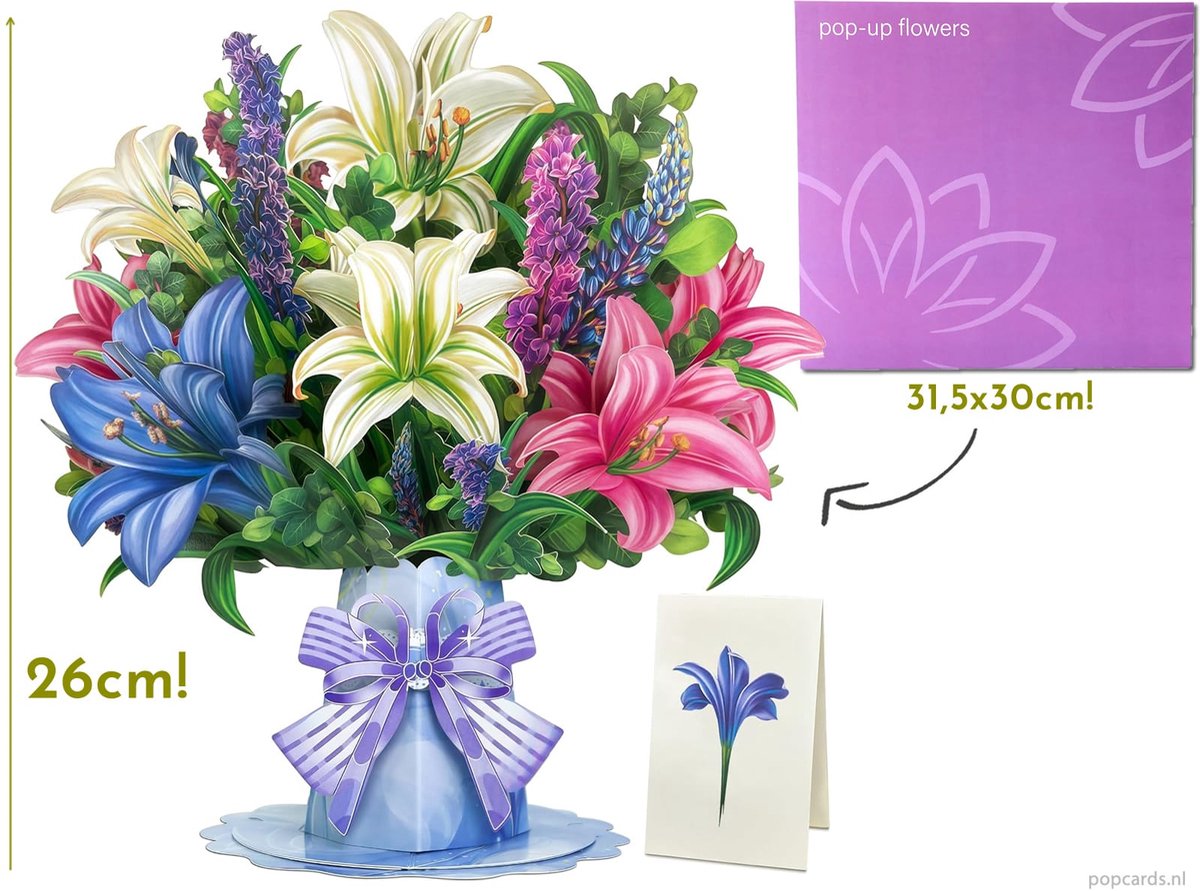 Popcards megagrote pop-up kaart - Boeket Beeldschone Lelies & Lupines | Supergrote wenskaart 3D kaart