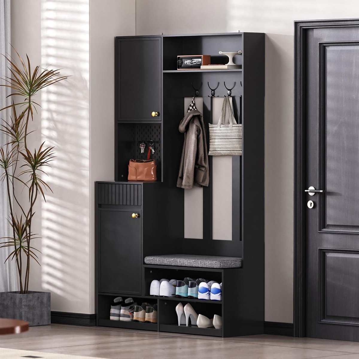 Industriële Halmeubel Kapstokkast met Bankje, 4 Haken en 2 Lades 100x35x180 cm - Zwart