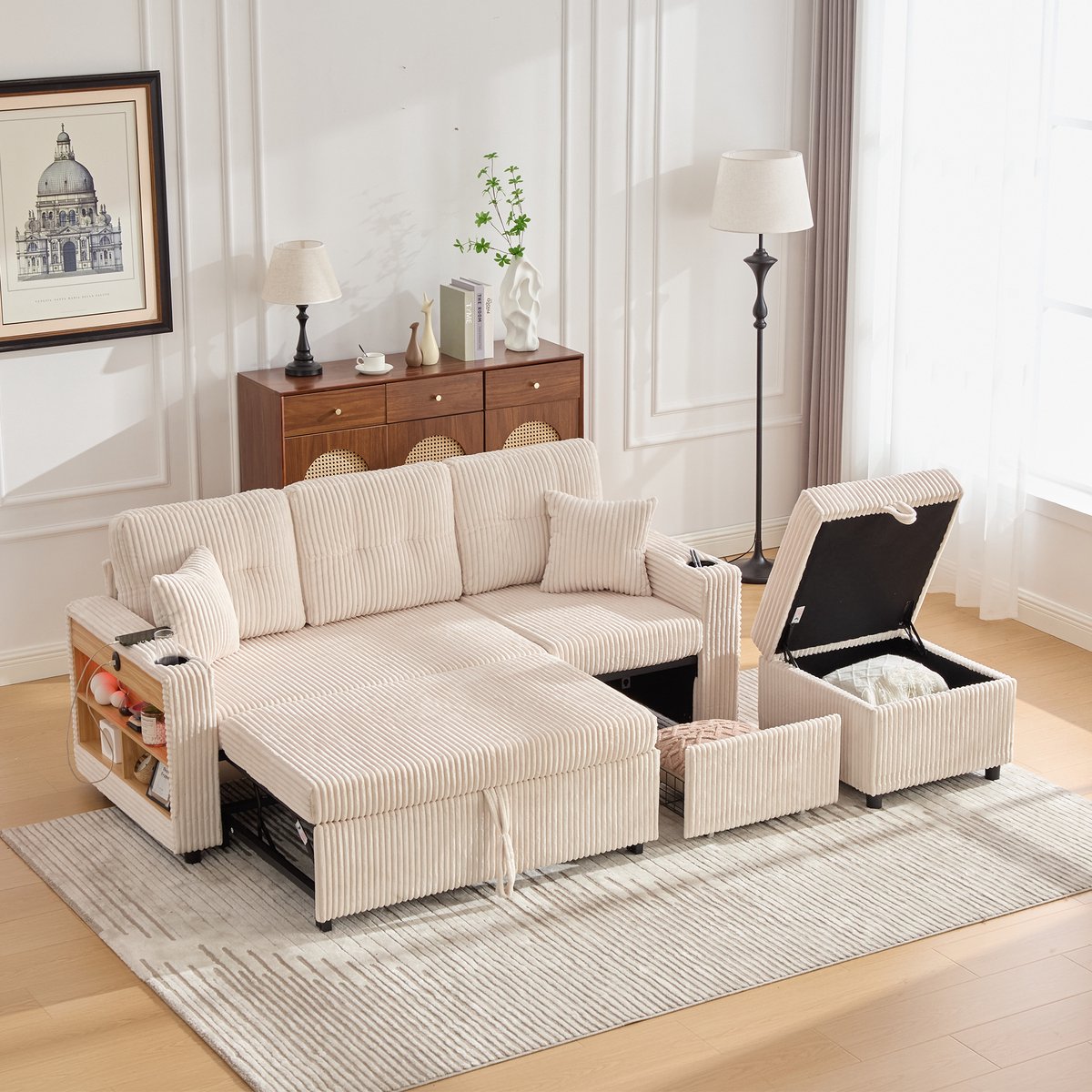 Multifunctionele Corduroy Bank met Opbergruimte en een Uitschuifbaar Bed, Slaapbank, Logeerbank, 3-Zits Bank, Inclusief USB-C-poort, Sfeerverlichting, Bekerhouders, Brede Armleuningen, Modern Design voor Woonkamer en Logeerkamer-Beige