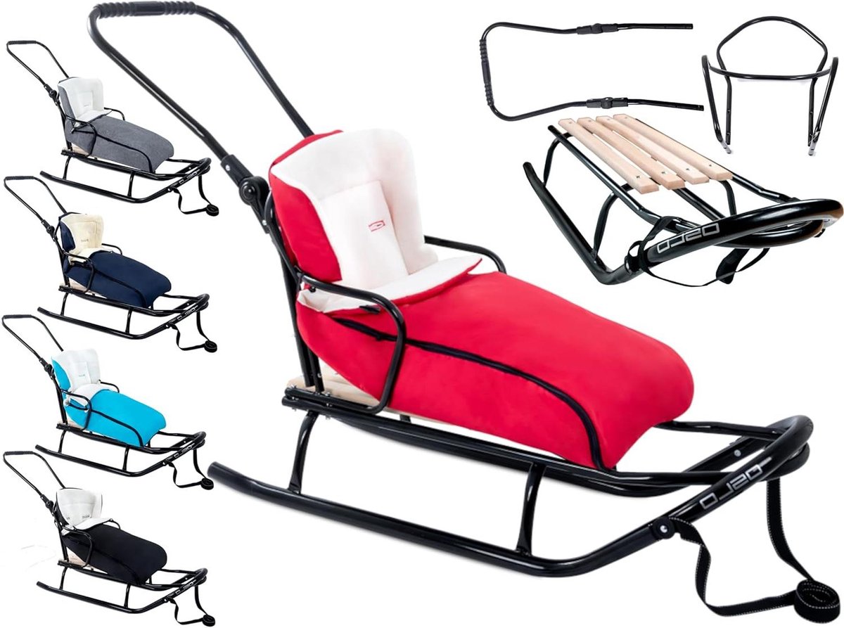 Oslo Metalen slee met rugleuning met veiligheidsgordels, duwstang en voetenzak, slee voor baby‘s, rodel, ideaal voor kinderen en volwassenen, belasting tot 120 kg, rood