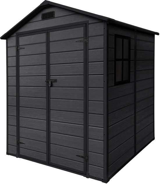 Donkergrijs kunststof tuinhuis met dubbele deuren, ventilatie en een raam, staand op witte achtergrond.