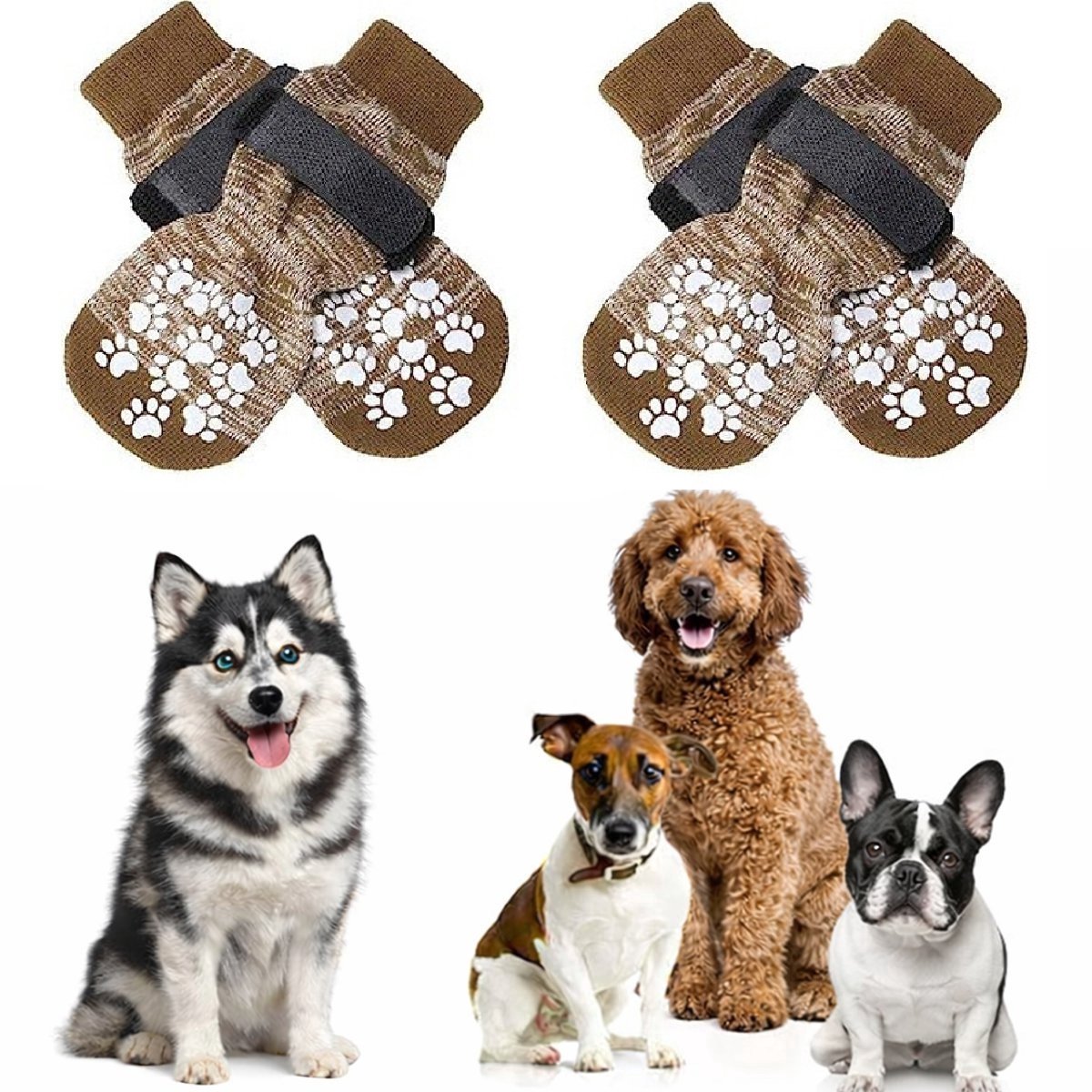 Aventrix Hondensokken Antislip – Maat S – Honden Sokken tegen Uitglijden en Likkende Poten – Klittenband – Pootbescherming Binnen & Buiten – Set van 4 - Bruin