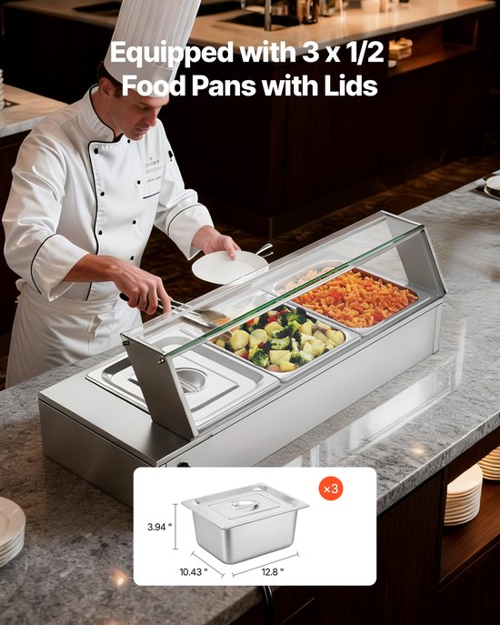 VEVOR Commerciële Voedselwarmer met Glazen Deksel en 3 Containers (1/2 Formaat) 1500W Buffet Warmer Roestvrij Staal, Buffet Containers Buffet Waterbad Voedselwarmer voor Restaurants Feesten Buffetten — afbeelding 3