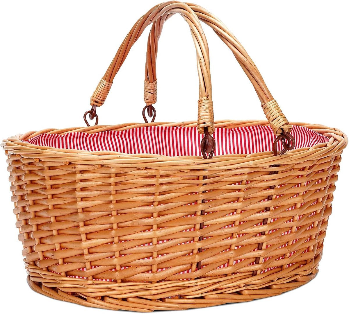 Picknickmand met 23 Accessoires - Picknick Mandje - Boodschappenmand - Fruitmand - Winkelmand - Rieten Mand - Wilgenhout - Rood Streep - 35,1 x 40,9 x 17 cm - van Imperatoris