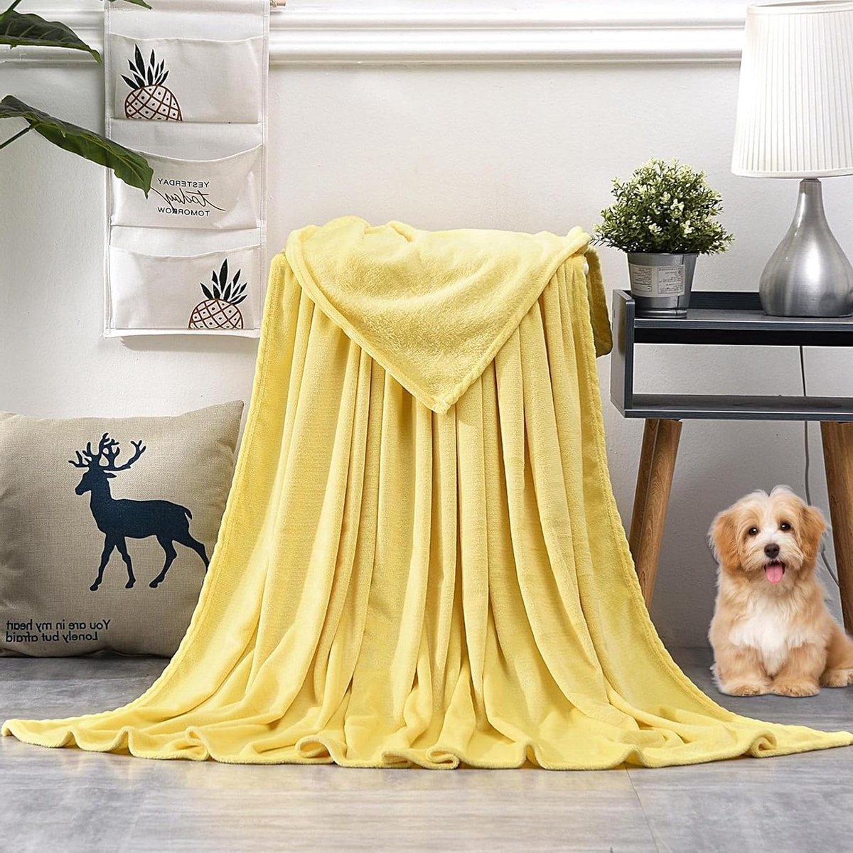Knuffeldeken Gebreid - Deken Plaid - Bank en Bed - Superzacht Kreukbestendig - 90 x 280 cm - Geel