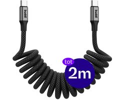 Buddi Flex | Uitrekbare USB-C naar USB-C Krul Kabel 60W Fast Charge | 480Mbps Dataoverdracht | Gevlochten Elastisch Nylon | Krulsnoer | Spiraalkabel | Ideaal voor in de auto | 2M | 2 Meter | Zwart