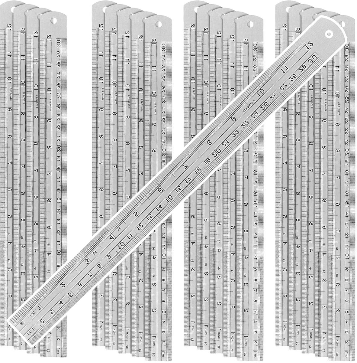 20 stuks 30 cm roestvrijstalen liniaal, precisie-metalen liniaal met conversietafel, rechte liniaal voor school, kantoor, houtbewerking, engineering