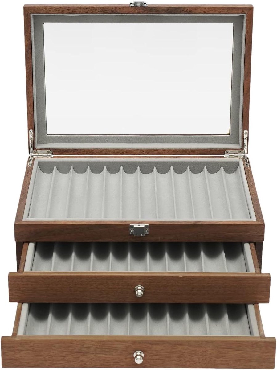 Vulpen vitrine hout 3 lagen 34 vulpen gestructureerde grote pennenbox professionele collectie display doos eenvoudig ontwerp etui (rozenhout)