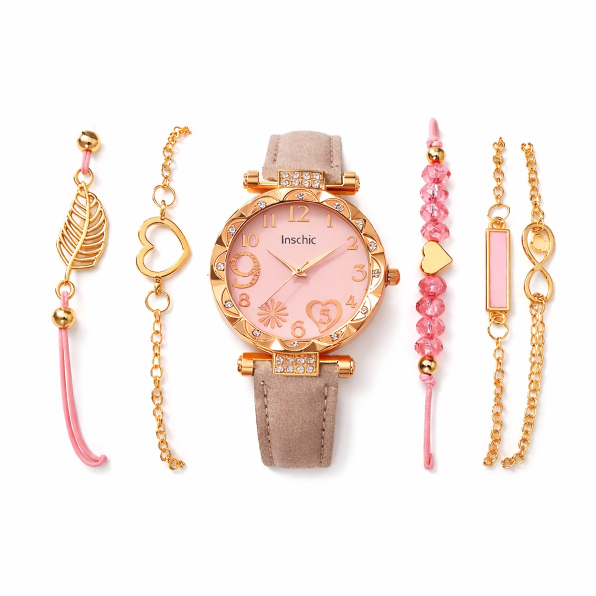 Roze analoog horloge dames - ronde wijzerplaat met goudkleurige details en hartmotief - roze band met decoratieve accenten - quartz horloge (set zonder box)