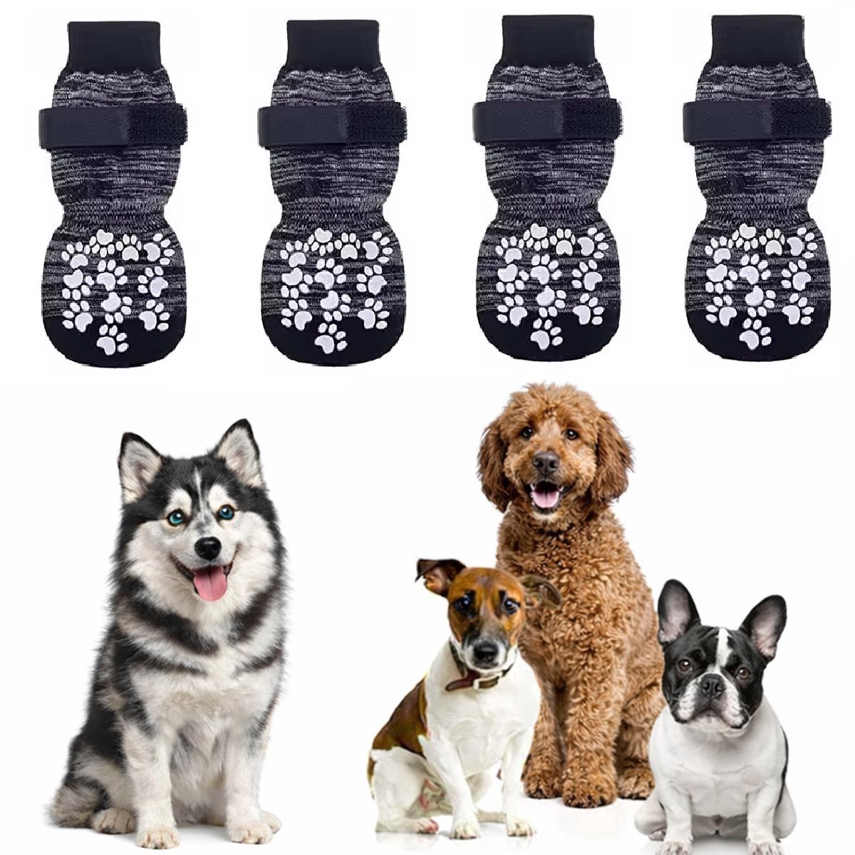 Aventrix Hondensokken Antislip – Maat L – Honden Sokken tegen Uitglijden en Likkende Poten – Klittenband – Pootbescherming Binnen & Buiten – Set van 4 - zwart/grijs