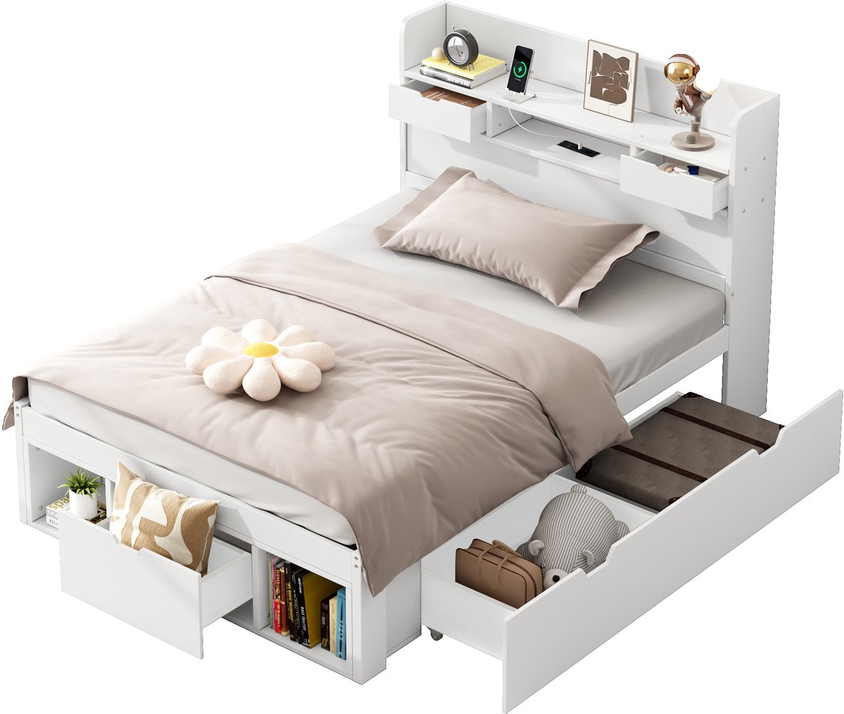 Zubaliya Multifunctioneel Kinderbed & Tienerbed (90 x 200cm) - wit - Inclusief USB/Type-C Poorten, Laden & Opbergkast - Massief Grenenhout - bed met opbergruimte