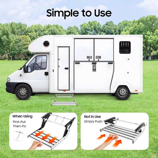 Illustratie van het uitschuiven en vastzetten van de zilveren opstap; camper op grasveld.