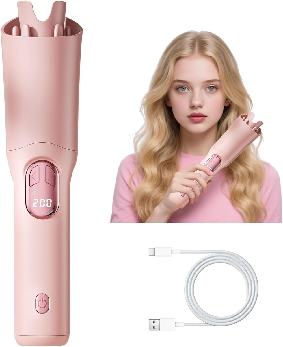 Automatische Roterende Krultang Roze – Oplaadbaar Draadloos – 3 Temp + LCD – Keramisch – Anti-Verbranding Anti-Klit – Reis Geschikt