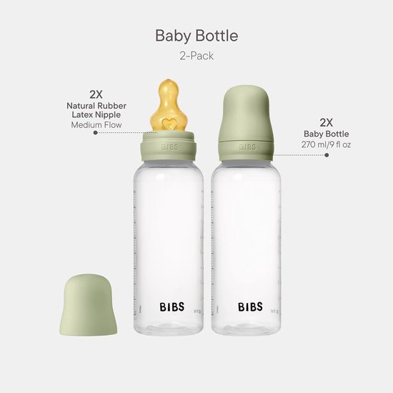 BIBS baby bottle 270ml Latex teat pack of 2 - Anti-colic, BPA free, round teat, light weight and easy to clean, suitable for newborn babies 0+ years - Sage van BIBS — afbeelding 2