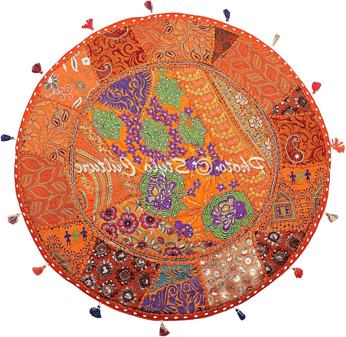 Indian Bohemian Floor Cushion Outdoor Throw Pillow Case Orange 80cm x 80cm Vintage Patchwork Round Extra Large 32 Inch Lounge Cotton Embroidered Seating Area Pouf Cover