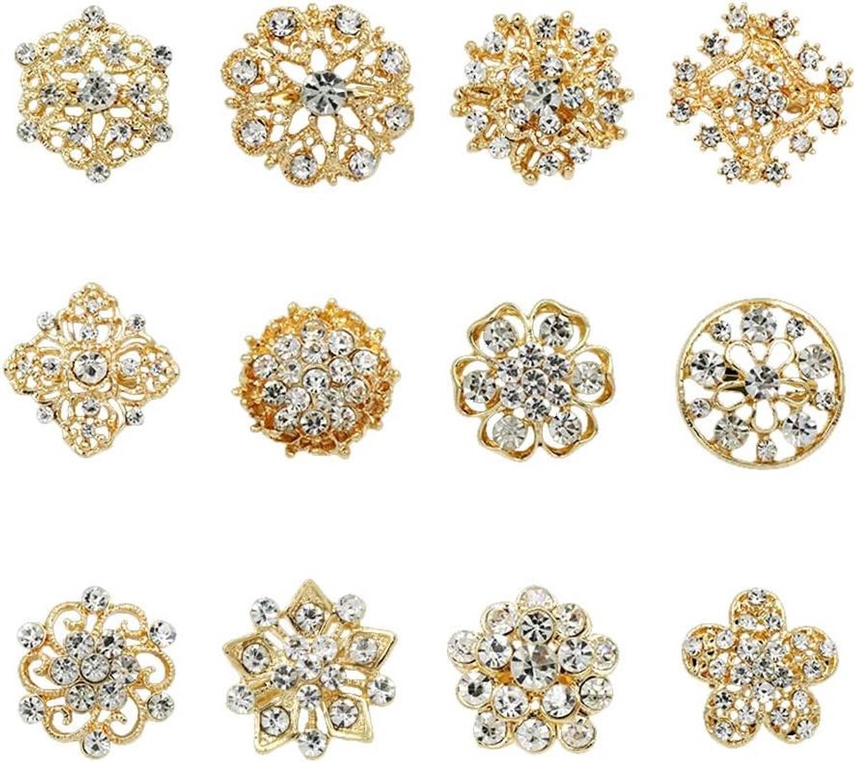 12pcs Corsage Bouquet Decor, Flower Brooches Pins, Pin for Women, Silver Crystal Button Brooches for Bridal Bouquet Brooches Kit Women Dress Decorations (Gold)