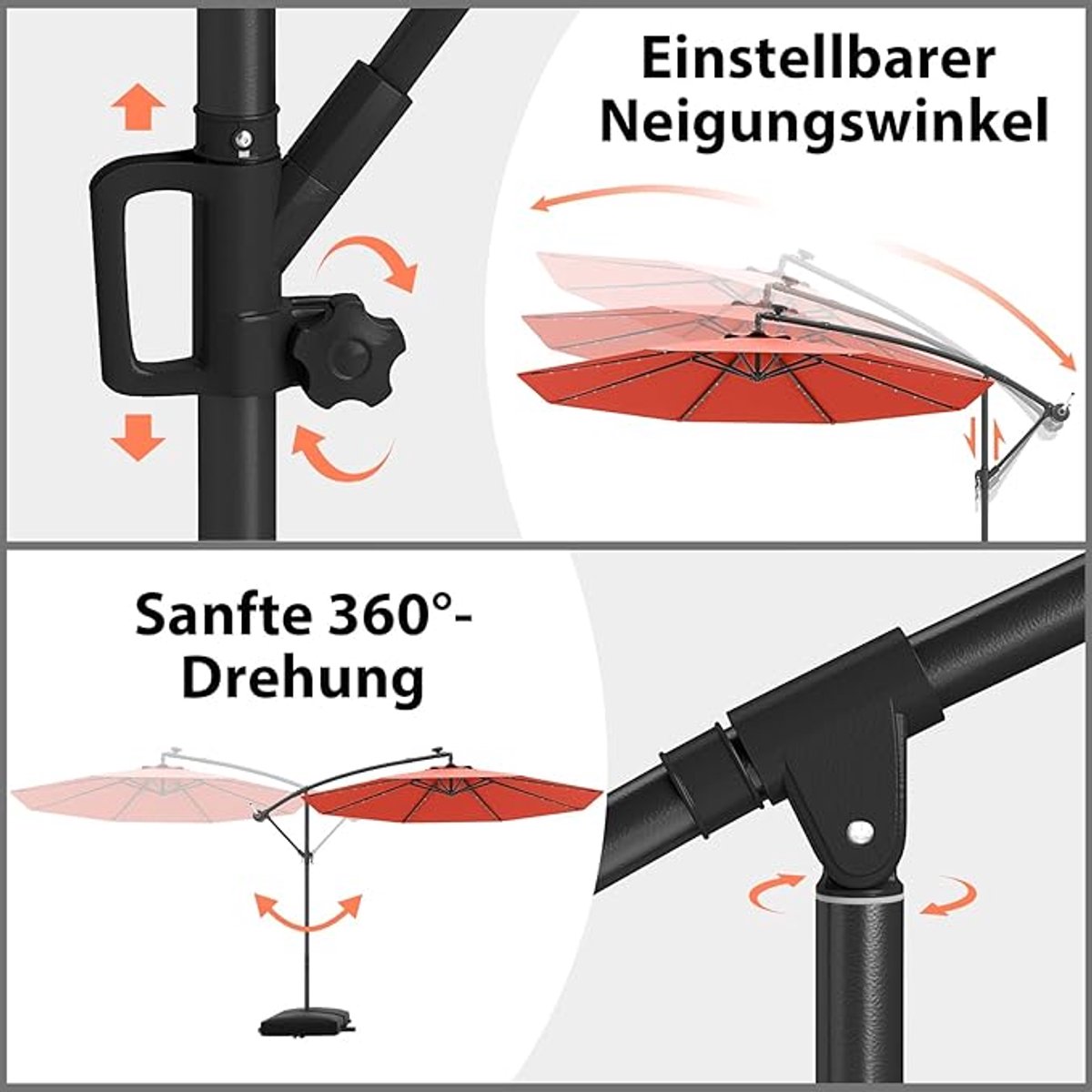 Tuinparasol LED UV50+ Bescherming, Kantelbaar met Handslinger, Waterafstotend Polyester 180g/m², Windbestendig met Ventilatie, Zonder Voet – Balkon, Terras & Tuin – Afmetingen op aanvraag – Bellavero