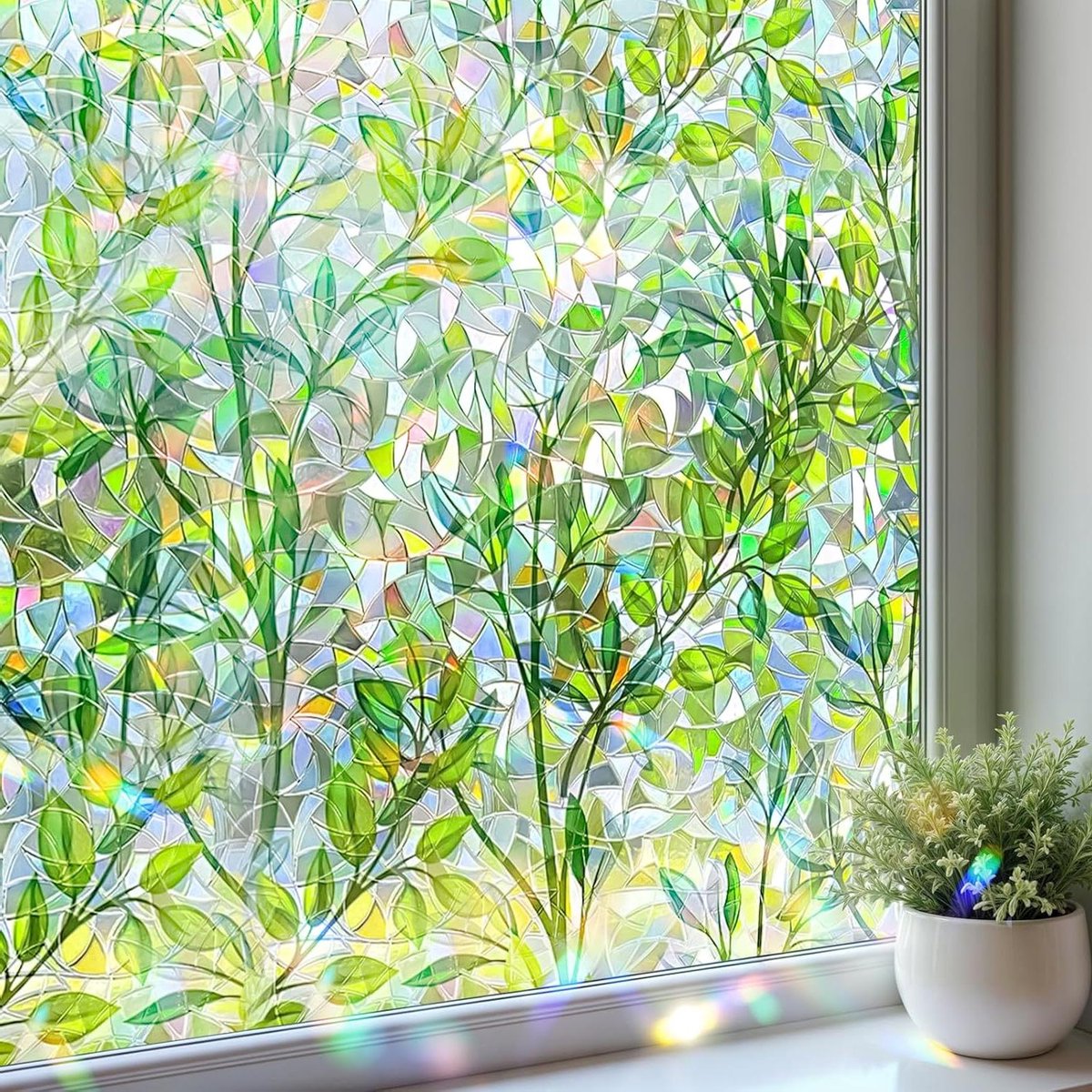 Raamfolie Bladpatroon - Decoratieve Glasfolie - Privacy en Decoratie - Regenboog Effect Li